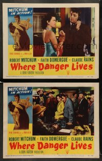 7z998 WHERE DANGER LIVES 2 LCs 1950 great images of Robert Mitchum & Faith Domergue!