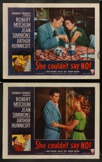 7z416 SHE COULDN'T SAY NO 8 LCs 1954 sexy short-haired Jean Simmons, Dr. Robert Mitchum!