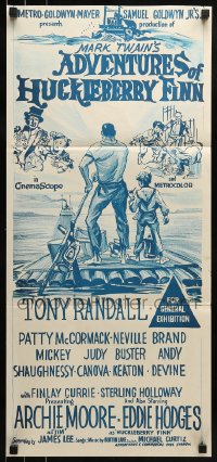 8g765 ADVENTURES OF HUCKLEBERRY FINN Aust daybill 1960 Mark Twain, Michael Curtiz, art of Huck & Jim on raft