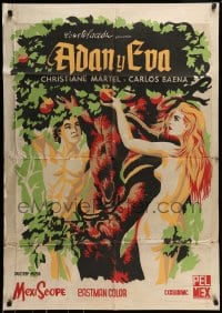 8g324 ADAM & EVE export Mexican poster 1958 man & woman in the Mexican Garden of Eden!