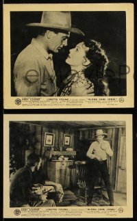 8h039 ALONG CAME JONES 3 English FOH LCs 1945 western cowboy Gary Cooper with sexy Loretta Young!