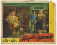 8k395 ANGEL & THE BADMAN LC #2 1947 three guys watch John Wayne holding gun by pretty Gail Russell!