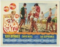 8k420 BEACH BALL LC #5 1965 teens on beach watch sexy Chris Noel kissing guy by sailboat!