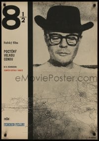 8p459 8 1/2 Czech 22x32 1964 Federico Fellini classic, art of Marcello Mastroianni by Dlouhy!