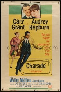 8r132 CHARADE style Y 40x60 1963 art of tough Cary Grant & sexy Audrey Hepburn, expect the unexpected!