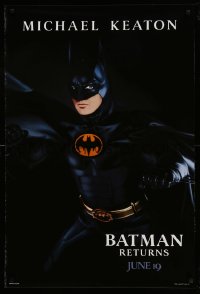 8r264 BATMAN RETURNS teaser 1sh 1992 Burton, Michael Keaton as caped crusader, cool dated design!