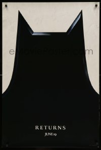 8r263 BATMAN RETURNS teaser 1sh 1992 Burton, Keaton, cool partial bat symbol, dated design!