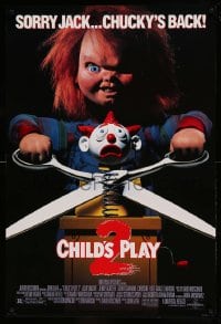 8r334 CHILD'S PLAY 2 DS 1sh 1990 great image of Chucky cutting jack-in-the-box with scissors!