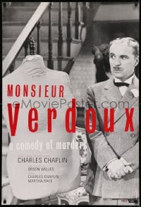 8r699 MONSIEUR VERDOUX 1sh R1990s great image of Charlie Chaplin as gentleman Bluebeard!