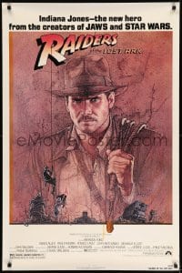 8r776 RAIDERS OF THE LOST ARK 1sh 1981 great art of adventurer Harrison Ford by Richard Amsel!