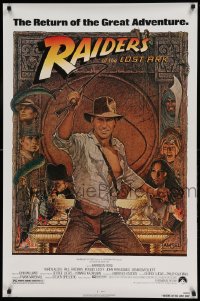 8r777 RAIDERS OF THE LOST ARK 1sh R1982 great art of adventurer Harrison Ford by Richard Amsel!