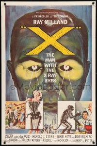 8r986 X: THE MAN WITH THE X-RAY EYES 1sh 1963 Ray Milland strips souls & bodies, cool art!