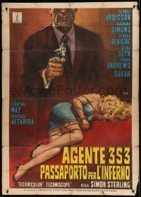 8t658 AGENT 3S3: PASSPORT TO HELL Italian 1p 1965 cool art of spy with gun over sexy girl by Mos!