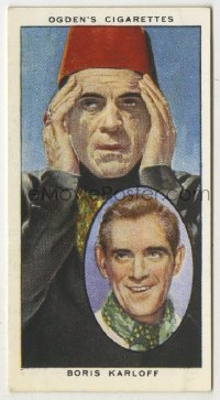 8x026 MUMMY English 2x3 cigarette card 1938 art of Boris Karloff in costume & as himself!