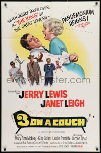8y002 3 ON A COUCH 1sh 1966 great image of screwy Jerry Lewis squeezing sexy Janet Leigh!