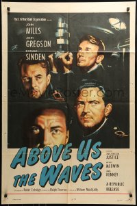 8y018 ABOVE US THE WAVES 1sh 1956 art of John Mills & English WWII sailors at periscope in sub!