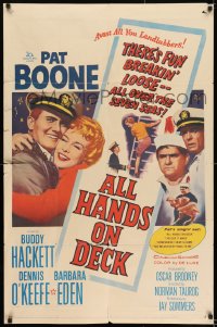 8y035 ALL HANDS ON DECK 1sh 1961 Navy Captain Pat Boone, sexy Barbara Eden on ladder!