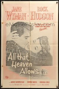 8y037 ALL THAT HEAVEN ALLOWS military 1sh 1955 close up romantic art of Rock Hudson kissing Jane Wyman!