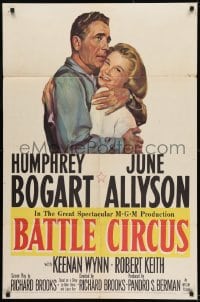 8y075 BATTLE CIRCUS 1sh 1953 great artwork of Humphrey Bogart hugging June Allyson!