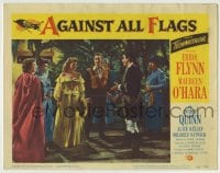 8z060 AGAINST ALL FLAGS LC #6 1952 Anthony Quinn holds sword to Maureen O'Hara, Errol Flynn watches!