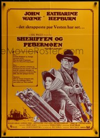 9b378 ROOSTER COGBURN Danish 1976 great art of John Wayne with eyepatch & Katharine Hepburn!