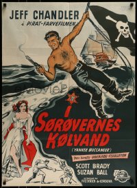 9b403 YANKEE BUCCANEER Danish 1953 Wenzel art of pirate Jeff Chandler swinging on rope w/gun!