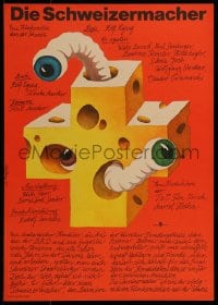 9b220 SWISSMAKERS East German 11x16 1980 different art of Swiss cheese and worms by Schallnau!