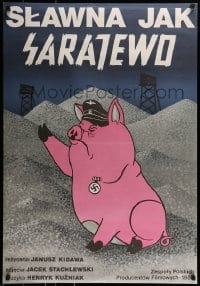 9b958 FAMOUS LIKE SARAJEVO Polish 26x38 1988 wild Mikulska art of Nazi Hitler-esque pig saluting!