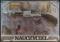 9b985 TEACHER Polish 26x37 1977 Marek Ploza-Dolinski artwork of rifle hanging on wall!