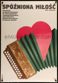 9b859 EARTHLY LOVE Polish 23x33 1976 Procka artwork of accordion & heart!