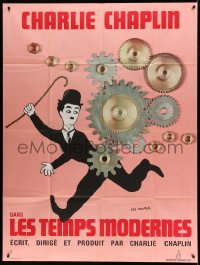 9f858 MODERN TIMES French 1p R1970s Leo Kouper art of Charlie Chaplin running by giant gears!
