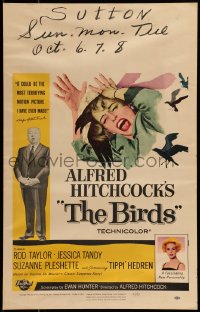 9f303 BIRDS WC 1963 director Alfred Hitchcock shown, Tippi Hedren, classic intense attack artwork!