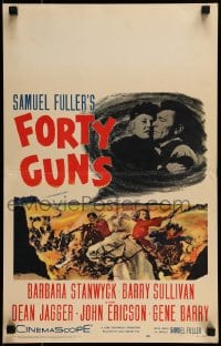 9f358 FORTY GUNS WC 1957 Samuel Fuller, art of Barbara Stanwyck & Barry Sullivan on horseback!