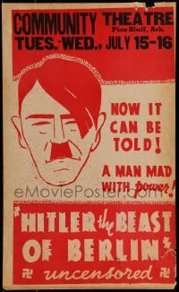 9f378 HITLER - BEAST OF BERLIN local theater WC R1941 art of mad man Hitler, uncensored, very rare!