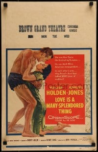 9f410 LOVE IS A MANY-SPLENDORED THING WC 1955 romantic art of William Holden & Jennifer Jones!
