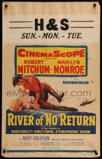 9f454 RIVER OF NO RETURN WC 1954 great artwork of Robert Mitchum holding down sexy Marilyn Monroe!