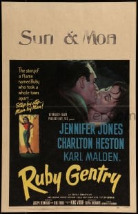 9f456 RUBY GENTRY WC 1953 artwork of super sleazy bad girl Jennifer Jones kissing Charlton Heston!