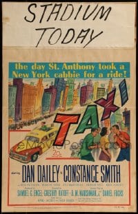 9f485 TAXI WC 1953 artwork of Dan Dailey & Constance Smith in yellow cab in New York City!