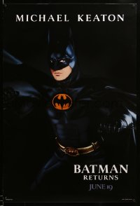 9g167 BATMAN RETURNS teaser 1sh 1992 Burton, Michael Keaton as caped crusader, cool dated design!