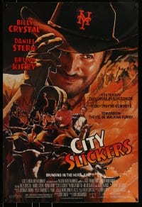9g244 CITY SLICKERS advance 1sh 1991 great artwork of cowboys Billy Crystal & Daniel Stern!