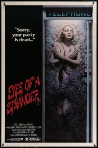 9g333 EYES OF A STRANGER 1sh 1981 really creepy art of dead girl in telephone booth with flowers!