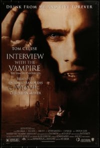 9g483 INTERVIEW WITH THE VAMPIRE 1sh 1994 close up of fanged Tom Cruise, Brad Pitt, Anne Rice!
