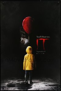 9g493 IT teaser DS 1sh 2017 creepy image of Pennywise handing child balloon, you'll float too!