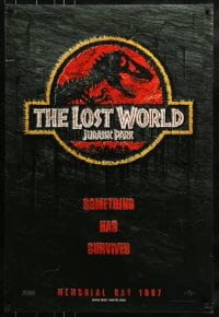 9g522 JURASSIC PARK 2 teaser DS 1sh 1997 Spielberg, classic logo with T-Rex over red background!