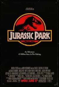 9g518 JURASSIC PARK advance DS 1sh 1993 Steven Spielberg, classic logo with T-Rex over red background