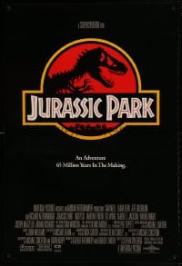 9g519 JURASSIC PARK int'l 1sh 1993 Steven Spielberg, classic logo with T-Rex over red background