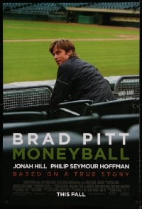 9g646 MONEYBALL advance DS 1sh 2011 Brad Pitt sitting on baseball stadium, green title design!