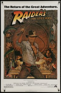 9g738 RAIDERS OF THE LOST ARK 1sh R1980s great art of adventurer Harrison Ford by Richard Amsel!