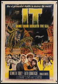 9h085 IT CAME FROM BENEATH THE SEA linen 1sh 1955 Ray Harryhausen, tidal wave of terror, cool art!