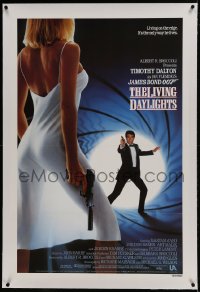 9h098 LIVING DAYLIGHTS linen int'l 1sh 1987 Tim Dalton as James Bond & sexy Maryam d'Abo w/gun!